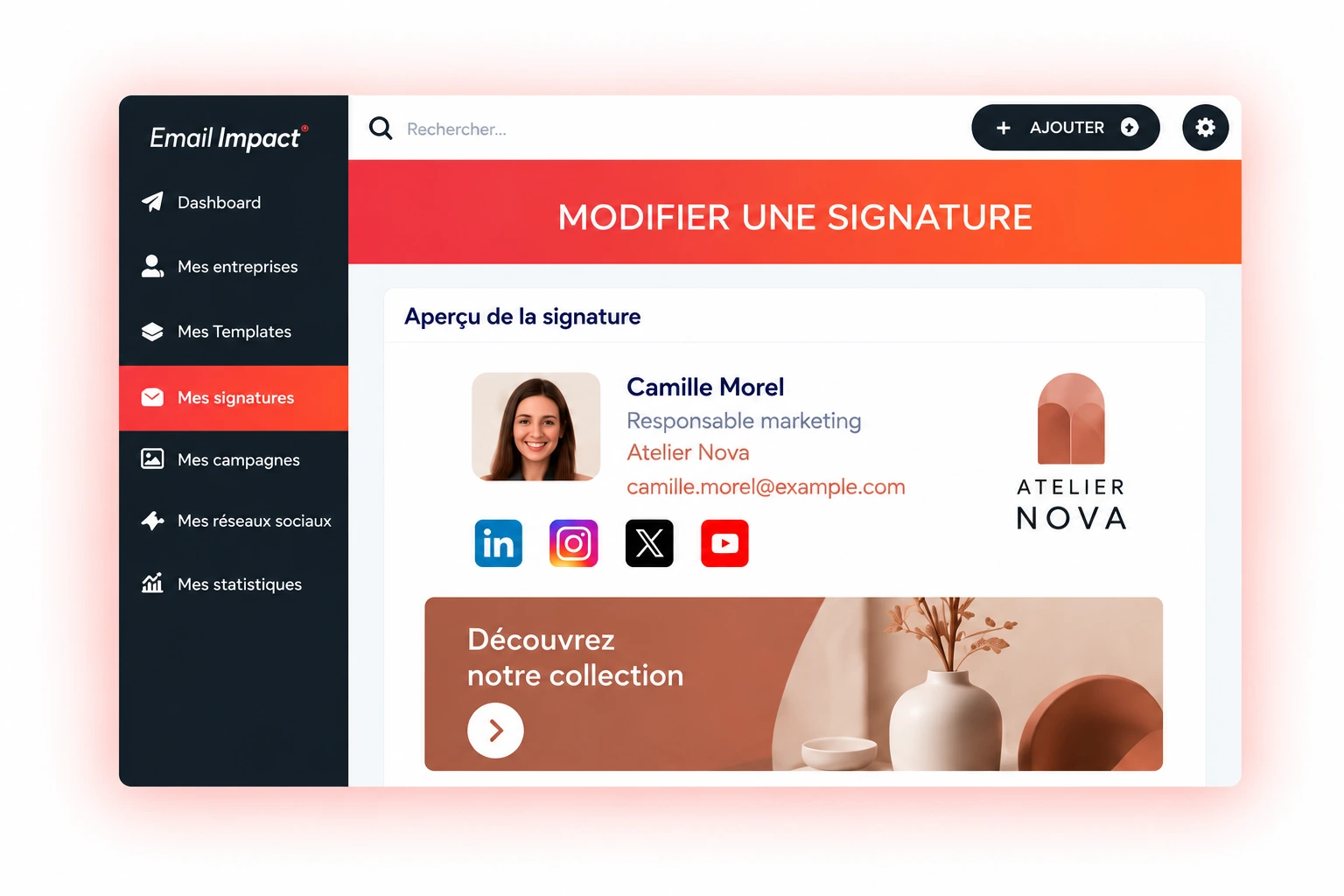 Interface Email Impact : édition d’une signature email et de sa bannière marketing.