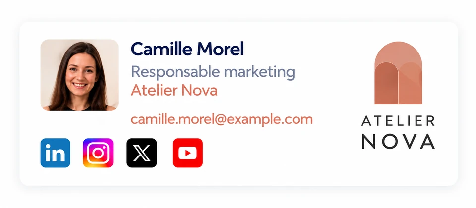 Exemple de signature email Atelier Nova avec coordonnées, logo et liens sociaux.