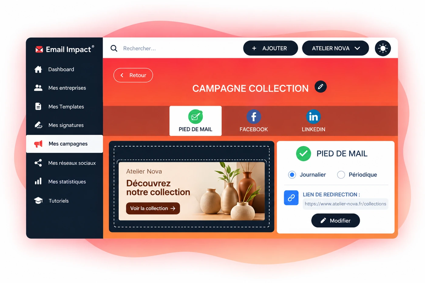 Illustration Email Impact : campagne de bannière Atelier Nova dans le backoffice.