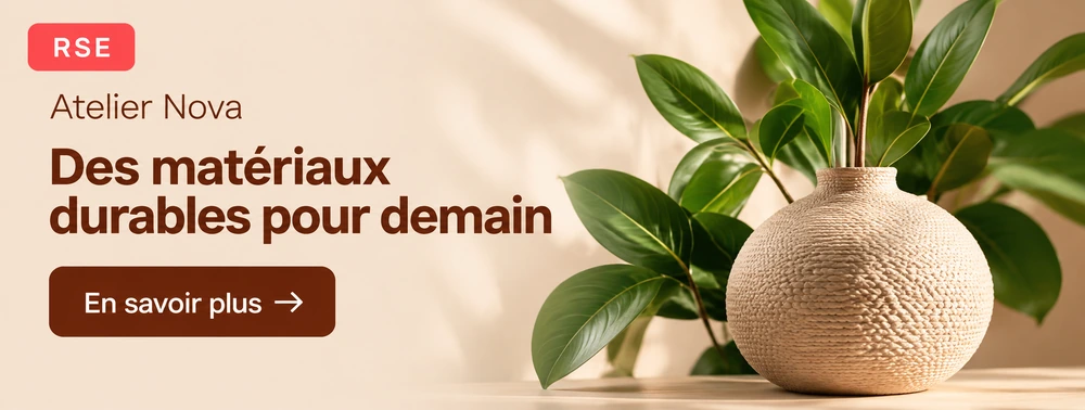 Exemple fictif de bannière Atelier Nova : Des matériaux durables pour demain.