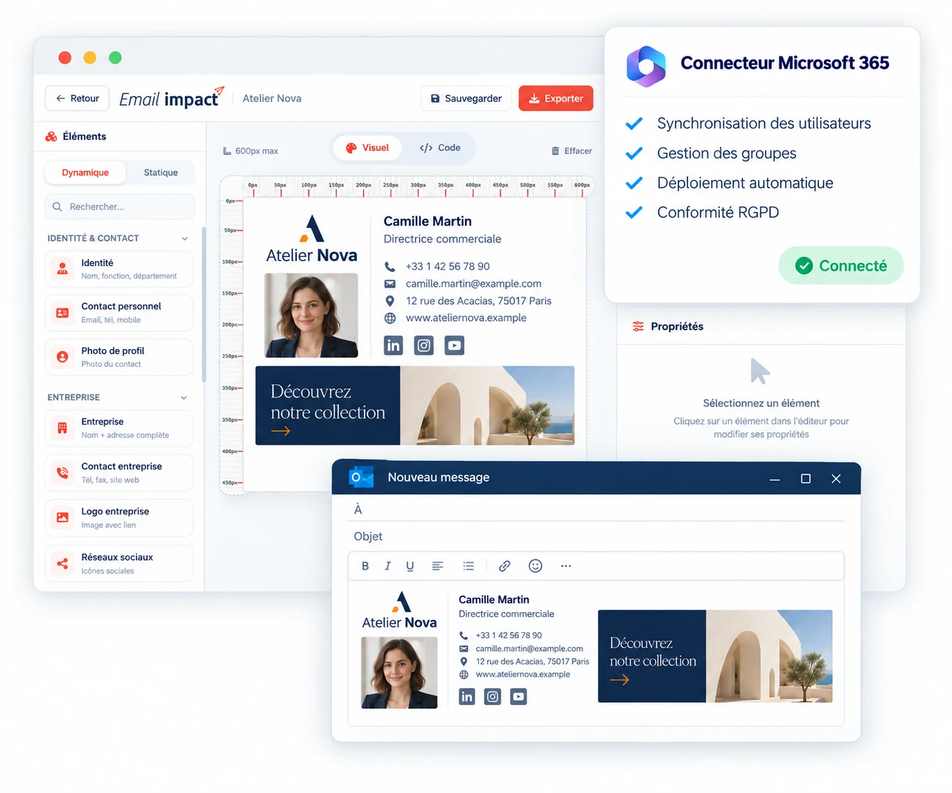 Éditeur visuel Email Impact, basé sur le backoffice fourni, avec signature Atelier Nova, connecteur Microsoft 365 et aperçu Outlook. Données fictives.