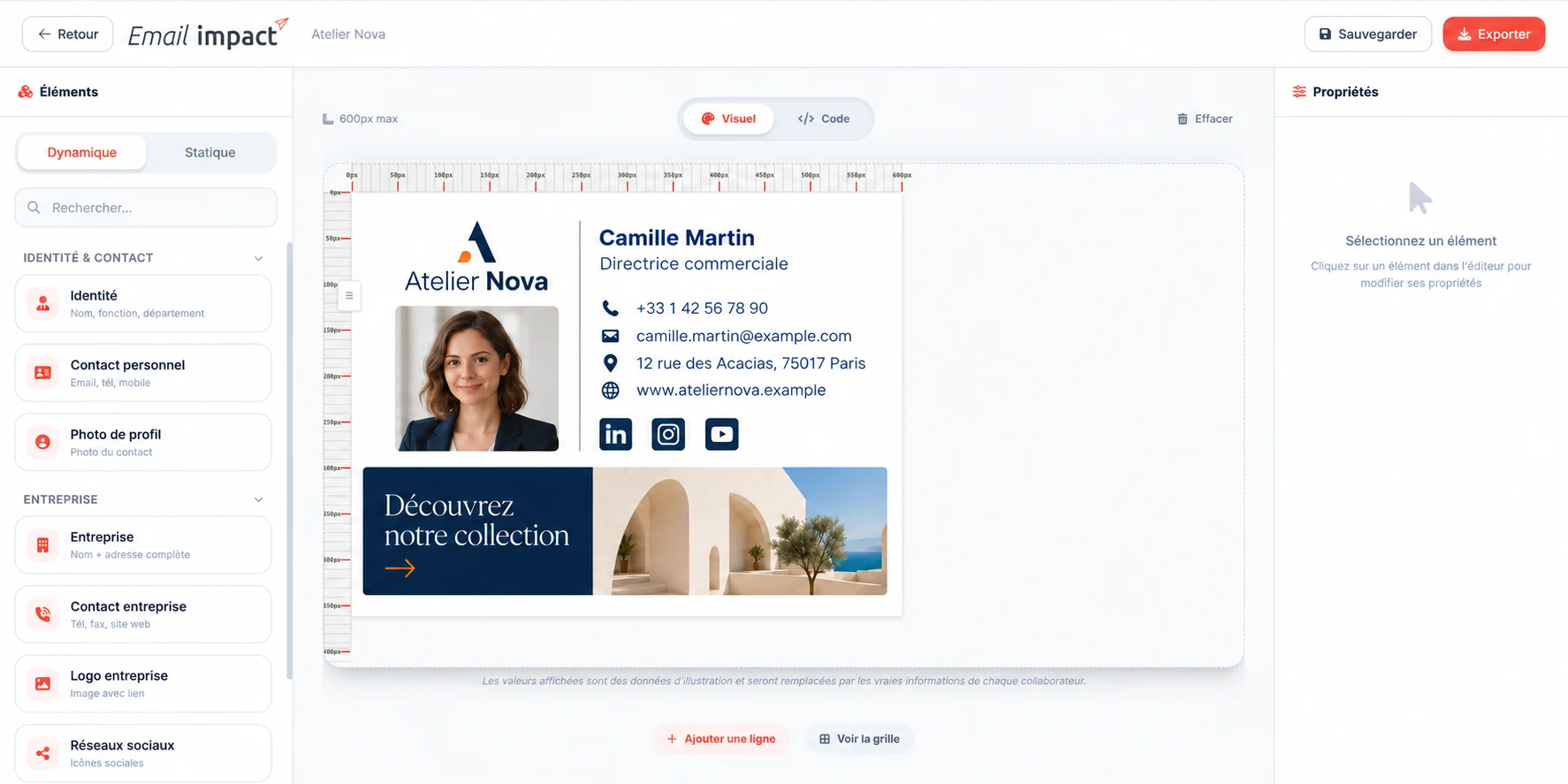 Éditeur de signatures Email Impact avec panneaux Éléments et Propriétés, signature fictive Camille Martin pour Atelier Nova et bannière Découvrez notre collection.