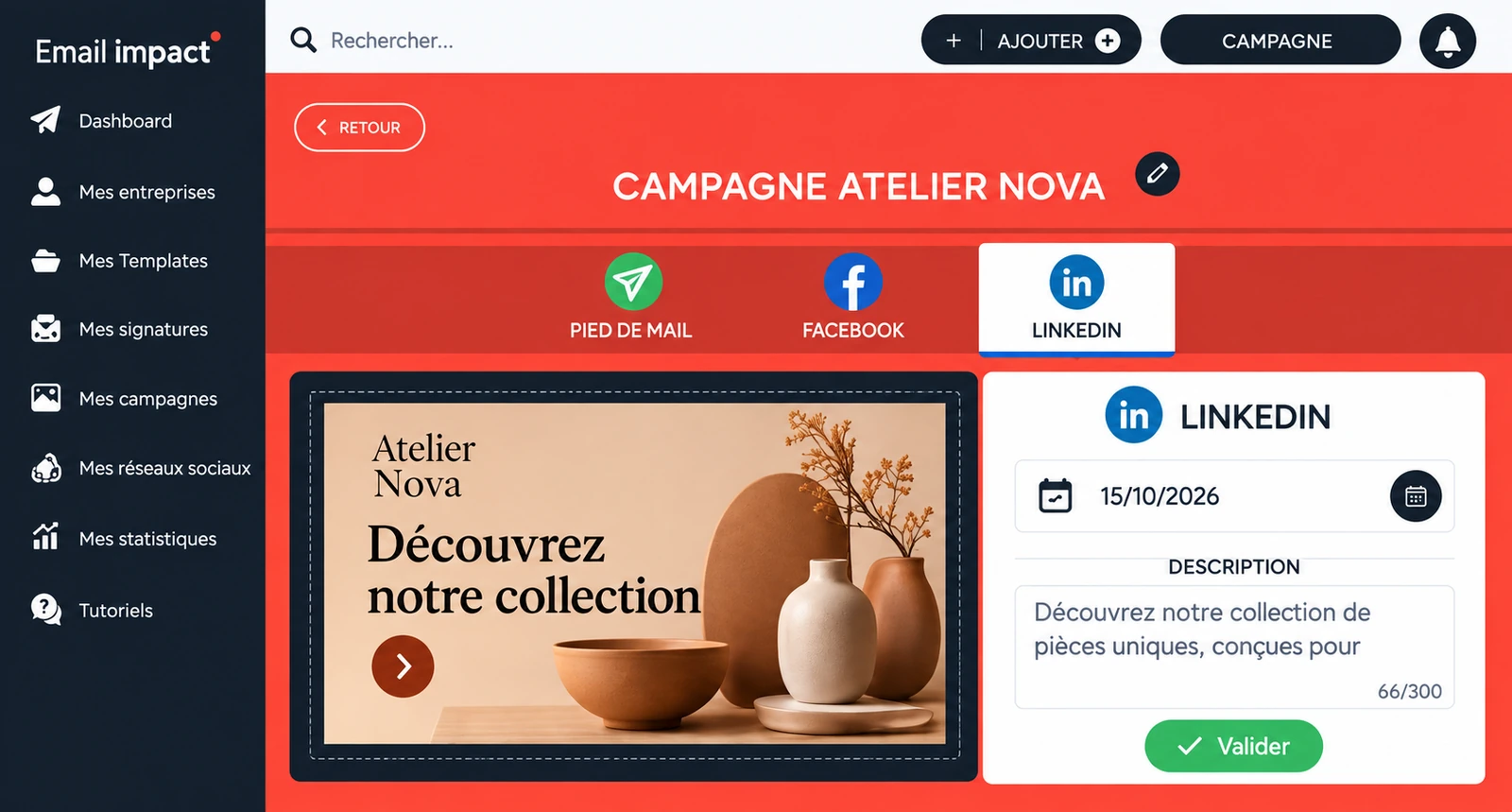 Illustration du calendrier Email Impact : publication LinkedIn programmée pour la campagne Atelier Nova.