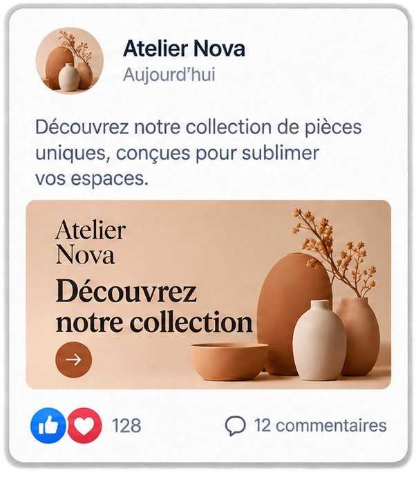 Exemple de la même campagne Atelier Nova dans une publication Facebook.