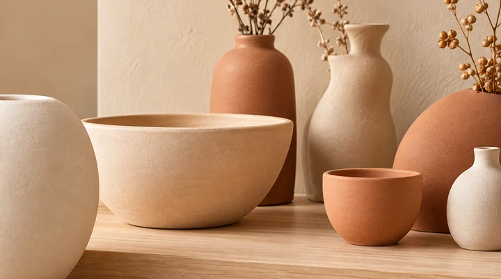 Exemple de présentation de nouveaux produits : vases et pots en céramique.