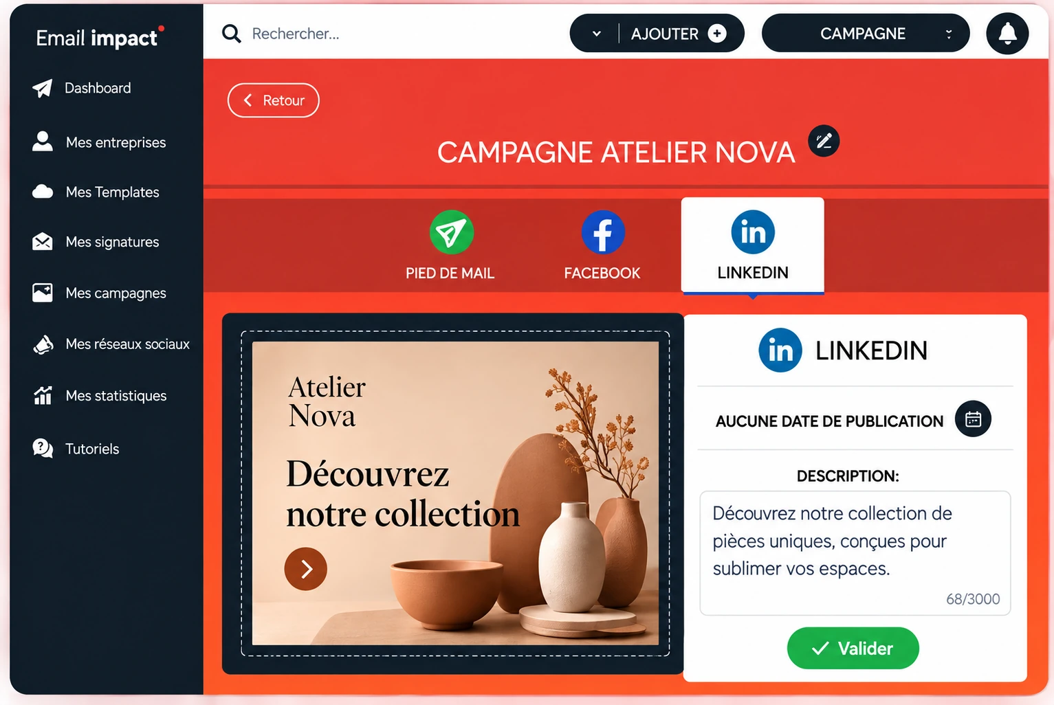 Illustration du back-office Email Impact : préparation d’une publication LinkedIn à partir de la campagne Atelier Nova.