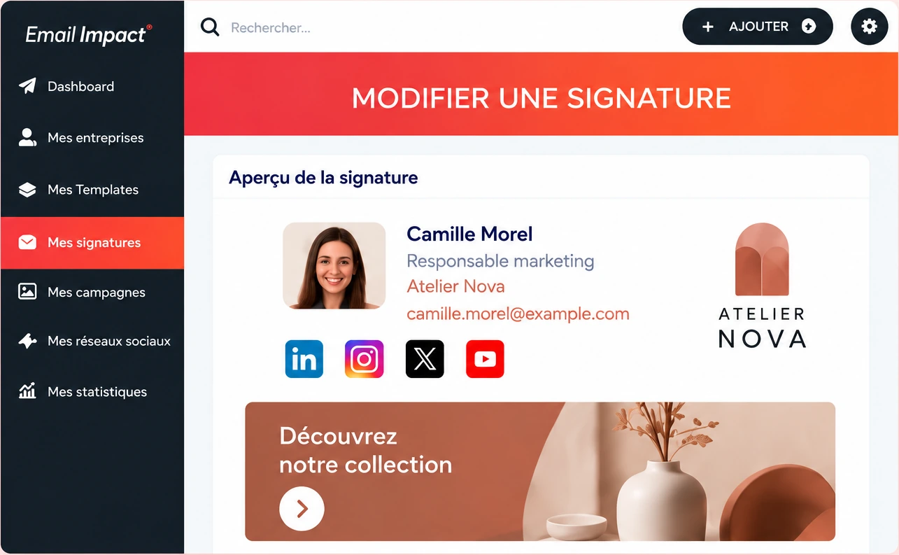 Illustration Email Impact : aperçu d’une signature et de sa bannière marketing.